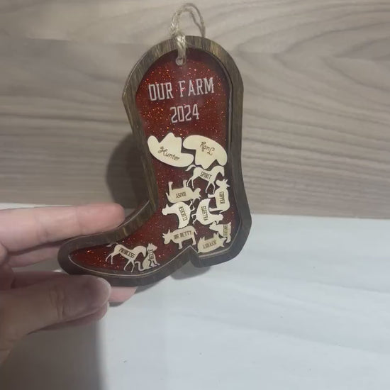 Personalized Shaker Boot Ornament, Family Name Gifts, Christmas Animal Ornament, Cowboy Hat Ornament, Western Ornament, Car Decor, Farm Gift