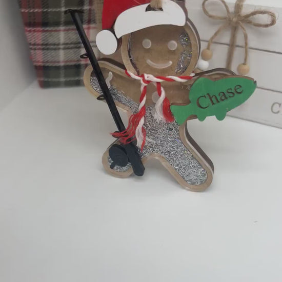 Personalized Gingerbread Fishing Ornament, Gift for her/him, Fisherman Gift, Christmas Ornament for Kids, Shaker Ornament, Sports Ornament