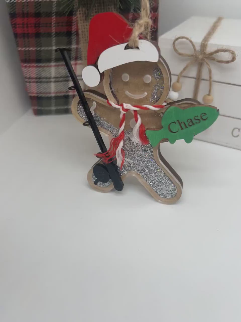 Personalized Gingerbread Fishing Ornament, Gift for her/him, Fisherman Gift, Christmas Ornament for Kids, Shaker Ornament, Sports Ornament
